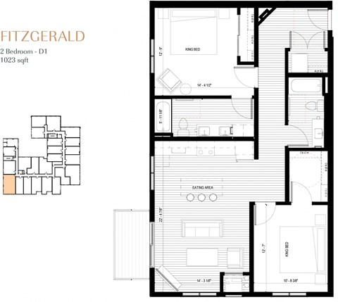 Floor plan for 2 beds, 2 baths, 1023 sqft